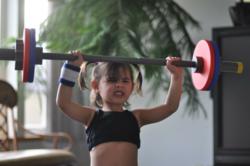It's light, durable, and so much fun! 36 inches in total length 2.2 pounds comes with four plates made of lightweight durable plastic. Now your kids can join in the fun of overhead squats, cleans, & all those lifts you love to do. For 3+ years of age.